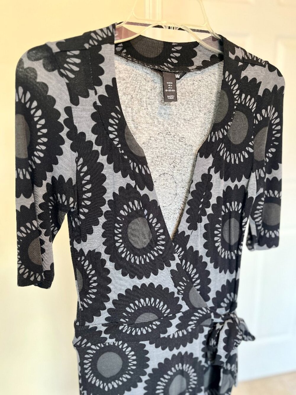 Vintage H&M Jersey Wrap V-Neck Floral Print Dress, Black & Gray, Size: 4